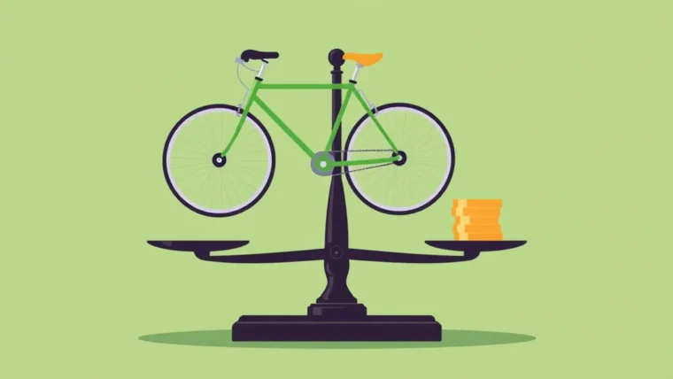 Illustration of a bicycle balanced on scales against a stack of coins