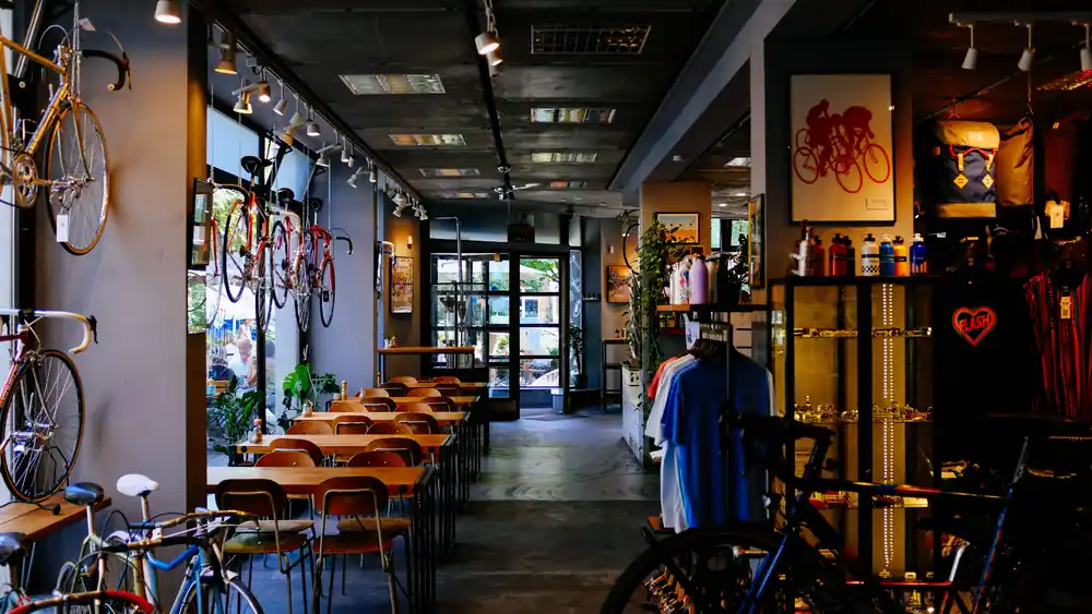 Bicycles on display inside a bike shop