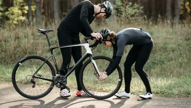 Person adjusting bike brakes at home
