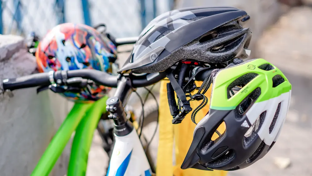Close-up of a bicycle helmet ready for a commute