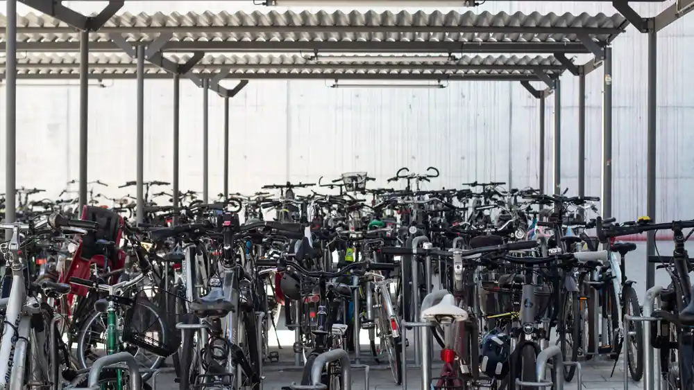 Rows of bicycles parked at a railway station
